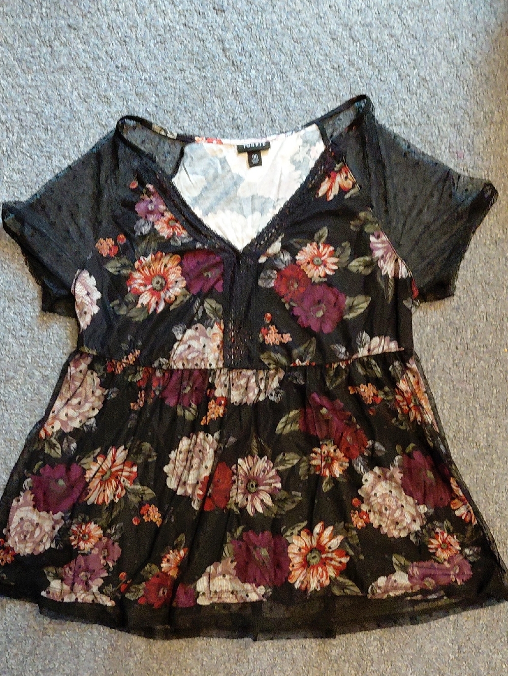 Torrid Black Floral Mesh Babydoll Top